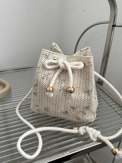 Tropiscape Mini Floral Embroidered Drawstring Detail Vacation, Straw Purse, White Straw Beach Bag, Beach Necessities, Beach Essentials,Beach Stuff & Summer Essentials Beach Autumn Winter Gifts