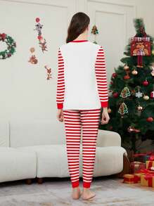 2pcs Christmas Letter Blessing Pattern Classic Red & White Striped Combination Print Round Neck Long Sleeve Drawstring Women Home Pajama Set