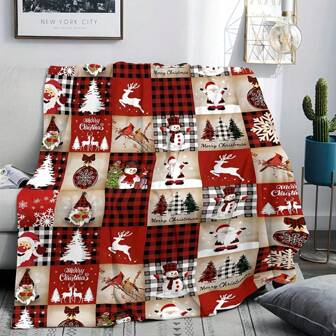 1pc Christmas Theme Flannel Blanket - Santa Claus, Snowman, Reindeer, Christmas Tree Retro Plaid Design - Soft & Comfortable Flannel Digital Printing Blanket, Ideal Gift For Home, Travel, Office Nap