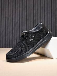 Men's Black Loafers, Casual Formal Shoes, Lightweight Soft Comfortable Low Work Shoes, Semi-Minimalist Design Slip-On Canvas Boat Shoes - Black - View 5