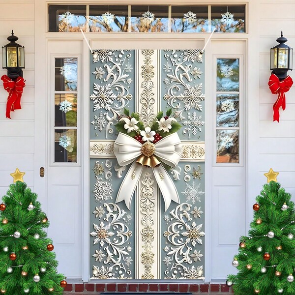1 peça de decoração de porta de embrulho com tema de véspera de Natal, elementos de caixa de presente de prata, guirlanda de porta de cortina de Natal, decoração interna, adequada para sala de estar, quarto, com 4 ganchos de cobre, fácil instalação