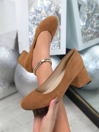 New Solid Color Soft Versatile Mid Heel Round Toe Slip-On Pumps, Sizes 36-45, Suitable For All Seasons