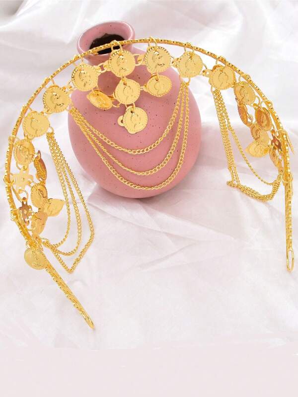 1pc Gold Sequin Coin Tassel Hair Accessory Chain, Solid Color Boho Zinc Alloy, 4 Seasons Carnival Head Jewelry Head Pieces Jewelry