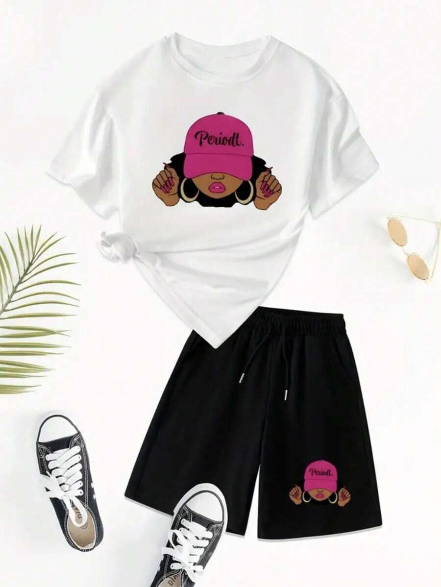 White Streetwear T-Shirt Set Girl Periodt Cap + Shorts - Tumblr Style Launch - trắng - Xem 1