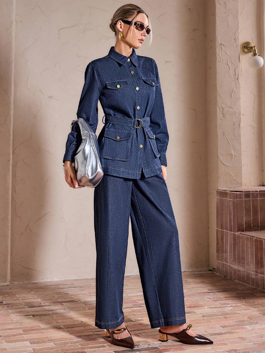 Sollinarry Bộ đồ nữ mùa xuân thanh lịch với áo tay dài và quần dài màu trơn chất liệu giả denim, có túi 3D. - Màu xanh hải quân - Xem 1