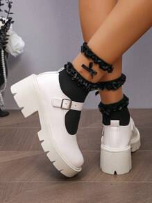 Czarne buty na obcasie Mary Jane, małe skórzane buty, proste, okrągłe, zapinane na klamrę buty na platformie