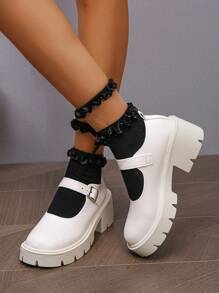 Czarne buty na obcasie Mary Jane, małe skórzane buty, proste, okrągłe, zapinane na klamrę buty na platformie