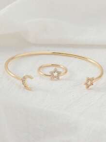 2pcs/Set Simple Geometric Cold Color Style Bracelet & Ring For Women, Daily, Date, Party - Yellow Gold - View 7