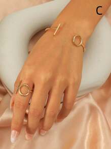 2pcs/Set Simple Geometric Cold Color Style Bracelet & Ring For Women, Daily, Date, Party - Yellow Gold - View 5