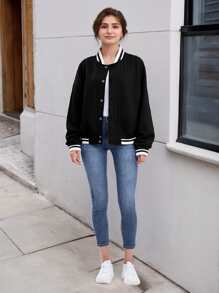 Women's Lightweight Baseball Jacket - Versatile Stitching Fabric Outerwear With Multi-Fabric Options And Unique Patterns - Black - View 4