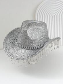 1pc Unisex Shiny Solid Color Cowboy Hat With Unique Heart-Shaped Rhinestone Embellished Belt Strap And Glitter Tassel, Suitable For Girlcore, Vintage, Floral, Spring/Summer Bright Colors, Pink Aesthetic, Punk Style Wide-Brim Hat, Street Fashion, 2024 Wedding Essentials, Classy Aesthetic, Dinner Party Essentials, Suitable For Parties, Western Themed Events, Gatherings - Gem - View 16