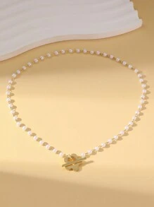 MESTILO 1pc Fashionable Faux Pearl Plumeria Copper Necklace, Suitable For Women's Daily Wear
