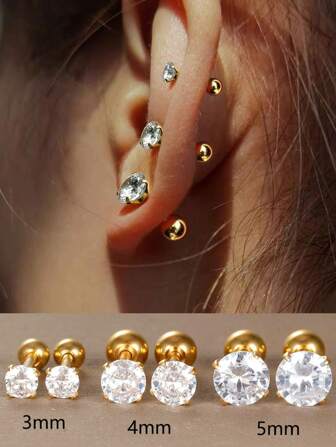 3 par rostfritt stål Zirconia litet örhänge för kvinnor/män Guldfärg Tragus brosk Daith lobe tornpiercing smycken