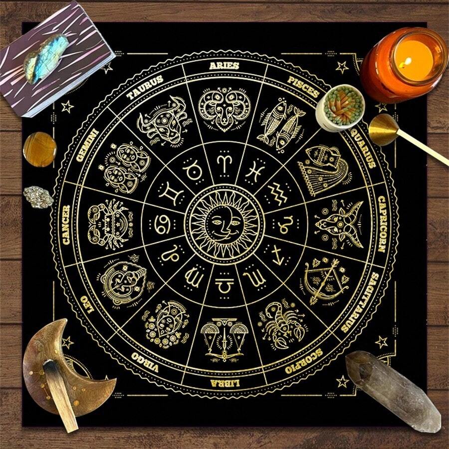 1 PIEZA Mantel de tarot con 12 constelaciones, paño para el altar de adivinación, almohadilla para juegos de mesa de la fortuna, astrología, cartas de oráculo, juego de caída, decoración para dormitorio - Negro - Ver 1