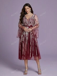 Mgiacy Plus Size Decote em V Manga Longa Malha Fina Pulôver Babados Bainha Vestido de Noite de Alta Qualidade, Vestido de Evento de Casamento Vestido de Festa Vestido de Convidado de Casamento Vestido Formal