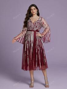 Mgiacy Plus Size Decote em V Manga Longa Malha Fina Pulôver Babados Bainha Vestido de Noite de Alta Qualidade, Vestido de Evento de Casamento Vestido de Festa Vestido de Convidado de Casamento Vestido Formal