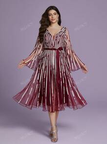 Mgiacy Plus Size Decote em V Manga Longa Malha Fina Pulôver Babados Bainha Vestido de Noite de Alta Qualidade, Vestido de Evento de Casamento Vestido de Festa Vestido de Convidado de Casamento Vestido Formal