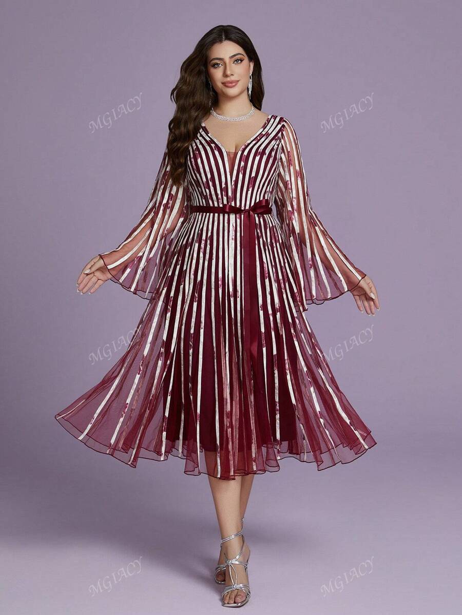 Mgiacy Plus Size Decote em V Manga Longa Malha Fina Pulôver Babados Bainha Vestido de Noite de Alta Qualidade, Vestido de Evento de Casamento Vestido de Festa Vestido de Convidado de Casamento Vestido Formal