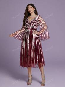 Mgiacy Plus Size Decote em V Manga Longa Malha Fina Pulôver Babados Bainha Vestido de Noite de Alta Qualidade, Vestido de Evento de Casamento Vestido de Festa Vestido de Convidado de Casamento Vestido Formal