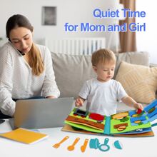 Libros tranquilos de Montessori para niños pequeños, libros de actividad suave, libros de tela de fieltro, juguete de viaje sensorial con actividades de aprendizaje, libro de juego de simulación rosa, regalo para niños y niñas - azul - Ver 4