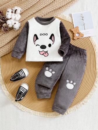 2 件套男婴可爱小狗刺绣图案羊毛圆领长袖上衣和休闲厚裤套装