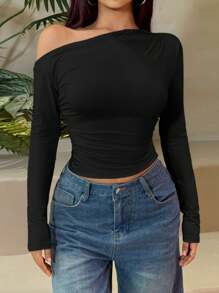 WOWDARK 女款秋季纯色斜肩修身长袖休闲上衣 - 黑色 - 查看 7