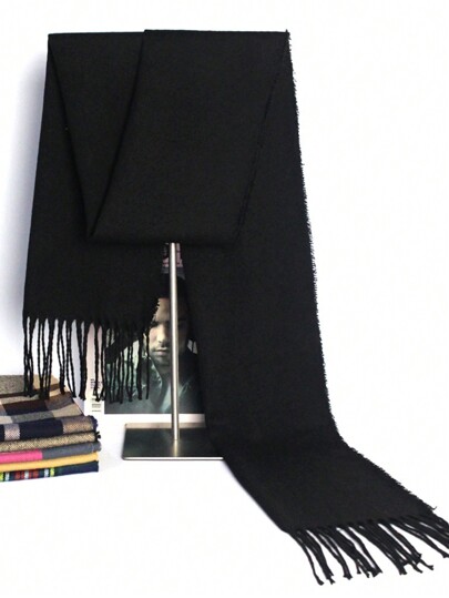 1 pièce Écharpe tissée pour hommes à motif de pied-de-poule velouté rayé avec glands, accessoire d'hiver chaud pour le cou pour hommes