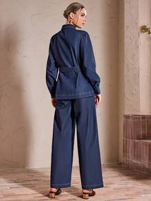 Sollinarry Bộ đồ nữ mùa xuân thanh lịch với áo tay dài và quần dài màu trơn chất liệu giả denim, có túi 3D. - Màu xanh hải quân - Xem 2