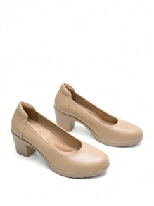 Women's Chunky Round Toe Low Block Heels Pumps Closed Toe Comfortable Elegant Work Dress Shoes With Arch Support - Apricot - View 2