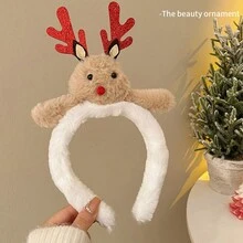 圣诞派对用品，可爱毛绒麋鹿头带女士圣诞礼服高颅顶鹿角头带姜饼人秋冬洗脸发夹 - 彩色 - 查看 5