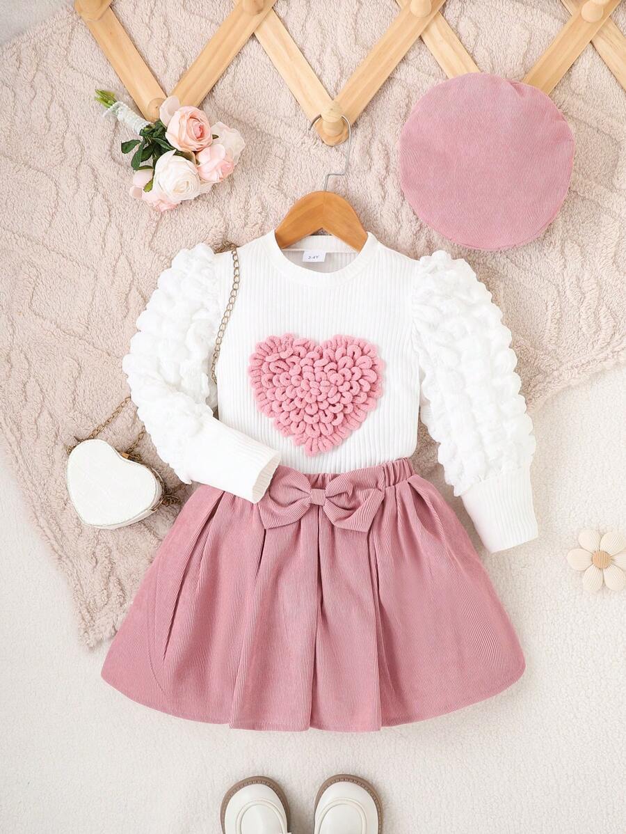2pcs Young Girl Heart Print Puff Sleeve Top & Bowknot Skirt Set, Autumn/Winter