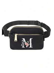 This Minimalist Chest Bag, Strap Bag, Sports & Fitness Bag Features Floral & A-Z Letter Pattern Designs. It Is A Versatile Women's Wallet, Shoulder Bag, Waist Pack, Coin Purse, Small Bag, Outdoor Chest Pack, Phone Storage Pack, Multi-Functional Yoga Pocket Waist Bag, Waterproof Sports Adjustable Shoulder Bag. Suitable For Sports, Running, Travel, Hiking, And The First Day Of School, Allowing You To Be Fashionable And Organized. - Black - View 18