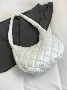 简约秋冬纯色加厚棉质绗缝女士手提包，大容量休闲旅行度假单肩包，轻巧柔软户外购物手提包，学院风日常通勤腋下包上学、工作 - 白色 - 查看 3