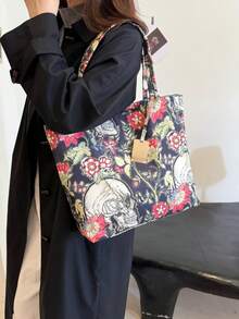 新款骷髅植物时尚女士大容量帆布包购物袋单肩手提包流行通勤包 - 綠色 - 查看 3