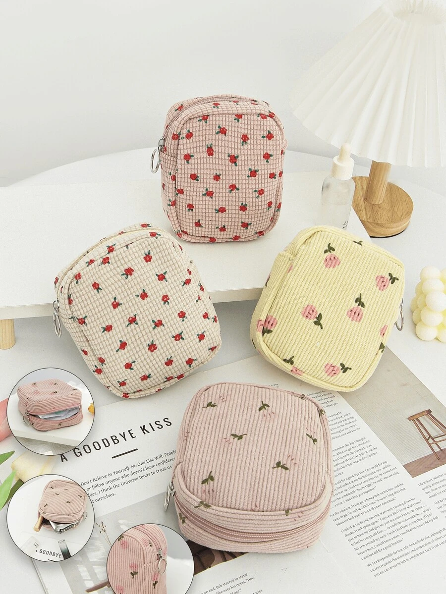 1 Pc/Set Cute Pink Strawberry Print High Quality Large Capacity Cosmetic Bag, Sanitary Napkin Storage Bag.Sanitary Pad Pouch,Bath Shower Wallet Pouch Portable Cosmetics Brush Storage Clutch With Zipper Closure - Multicolor - View 1