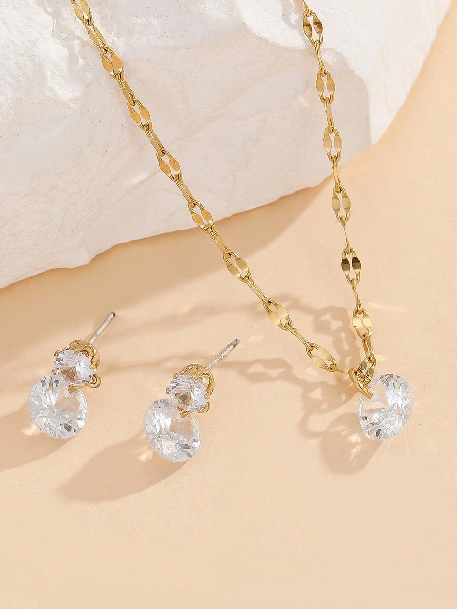 3 件/套 18K 镀金不锈钢链条配锆石吊坠项链和锆石耳环首饰套装女士 - 金色 - 查看 1