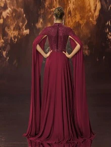 YISIKADO 女式立领礼服，串珠斗篷袖，奢华、性感、优雅派对礼服（大量装饰），长袖舞会晚礼服，适合婚礼嘉宾、毕业典礼、晚宴 - 酒紅色 - 查看 3