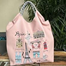 1pc New Fashion Versatile Embroidered Eiffel Tower Pattern Nylon Tote Bag, Large Capacity & Storage
