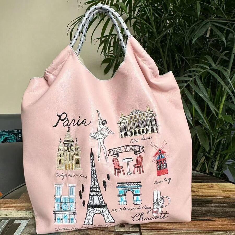 1pc New Fashion Versatile Embroidered Eiffel Tower Pattern Nylon Tote Bag, Large Capacity & Storage