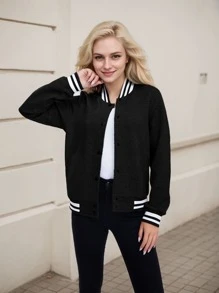 Women's Lightweight Baseball Jacket - Versatile Stitching Fabric Outerwear With Multi-Fabric Options And Unique Patterns - BLACK5 - View 2