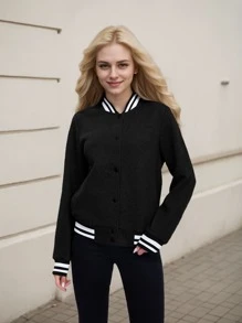 Women's Lightweight Baseball Jacket - Versatile Stitching Fabric Outerwear With Multi-Fabric Options And Unique Patterns - BLACK5 - View 1