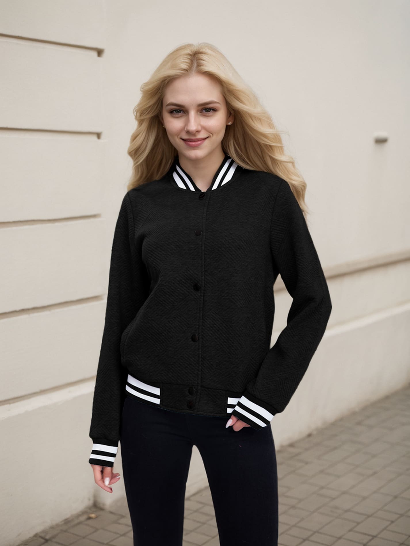 Women's Lightweight Baseball Jacket - Versatile Stitching Fabric Outerwear With Multi-Fabric Options And Unique Patterns - BLACK5 - View 1
