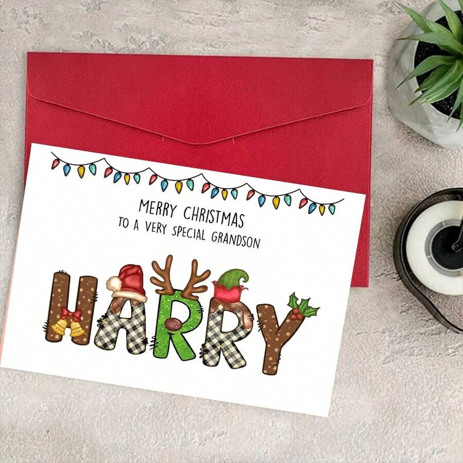 1pc, Merry Grandson Christmas Card With Envelope, Sweet Star Tree