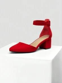 Women Low Chunky Heels Classic Pumps Pointed Toe Ankle Strap Elegant Versatile Simple Weddings Work Shoes - Đỏ - Xem 7
