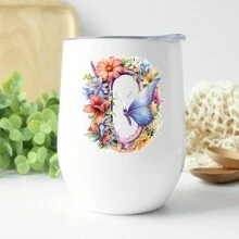 1 pieza Vaso de viaje aislado con tapa, en forma de huevo, de acero inoxidable de 12 onzas, con estampado de mariposa y flor, un gran regalo para familiares y amigos