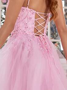 Luxury Lace Prom Dresses Long With Puffy Hem 3D Flower Rhinestone Spaghetti Strap Tulle Ball Gown Hand Beading V Neck Formal Evening Gowns Lace Up Back Homecoming Dresses For Teens Wedding Guest Dress, For Graduation, Dinner,Party Dress - 淺粉色 - 查看 9