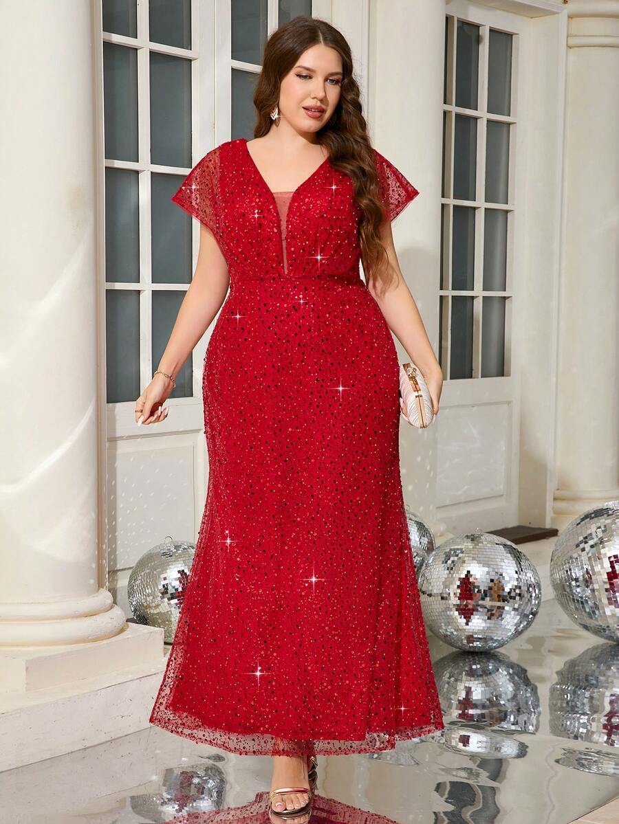 UNITHORSE 大码优雅 V 领珍珠串珠刺绣褶饰美人鱼礼服、舞会晚礼服，适合婚礼嘉宾、毕业典礼、晚宴 - 紅色 - 查看 1