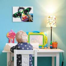Framed Cow Print Bathroom Farmhouse Decor: Colorful Curious Cow With Large Green Glasses Canvas Wall Art Farm Animal Painting Kids Room Decor Picture For Bedroom Kitchen - Framed - View 3