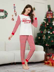 2pcs Christmas Letter Blessing Pattern Classic Red & White Striped Combination Print Round Neck Long Sleeve Drawstring Women Home Pajama Set