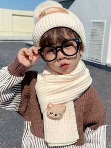 Bộ mũ và khăn quàng cổ mùa thu/đông, thiết kế tai to đáng yêu với chú gấu dễ thương, sự kết hợp màu sắc hươu phổ biến cho lễ Halloween và Giáng sinh, phù hợp với trang phục thường ngày, dành cho cả người lớn và trẻ em - Bộ đồ dệt kim-gấu nhỏ - Xem 3